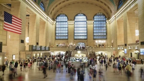 American Flag Grand Central Time Lapse Wide Stock Footage 77409015