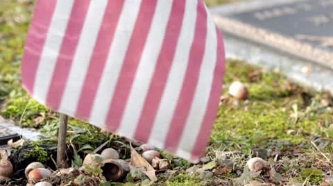 American Flag with grave stone in background Stock Footage 10580121