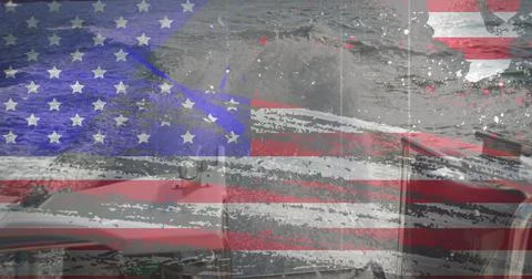 American flag grunge design effect against view of the ocean from the running Stock Illustration