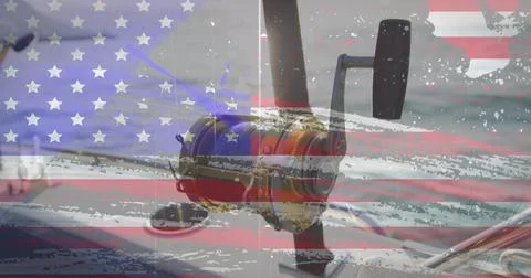 American flag grunge design effect against close up of fishing rod on a boat Stock Illustration