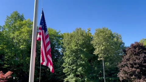 American Flag Hanging at Half Staff on Flagpole Against Trees Stock Footage 343975590