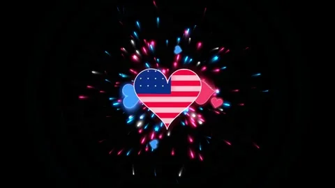 American flag heart neon firework animation background. Stock Footage 345502570