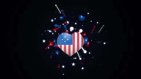 American flag heart shape with floating 3d decor elements. Stock Footage 345502506
