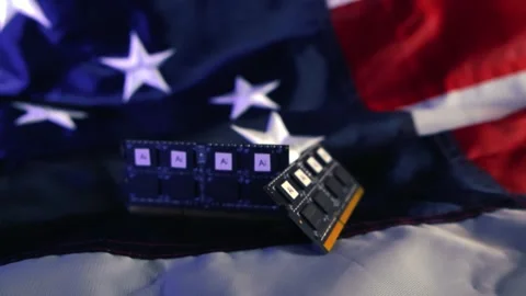 American Flag Hosting Advanced Artificial Intelligence AI Memory Chips Stock Footage 339810476