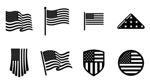 American flag icon set with different shapes in black color on transparent .. Stock Illustration