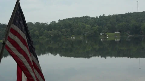 American Flag at Lake Stock Footage 34277458