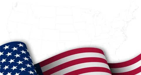 American flag in motion, fluttering in wind on background map with borders Stock Illustration