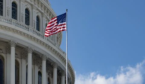 American flag near capitol with classical columns. Capitol with american fl.. Stock Photos