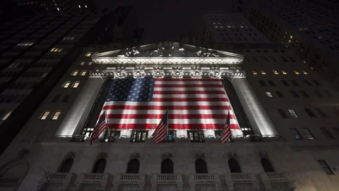 American Flag on New York Stock Exchange Building WIth Night Illumination Stock Footage
