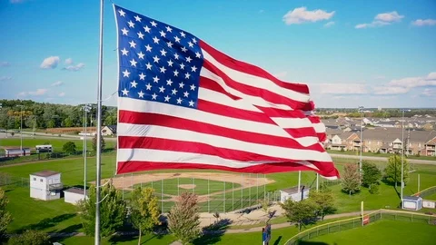 American Flag Over Baseball Diamond Stock Footage 95657168