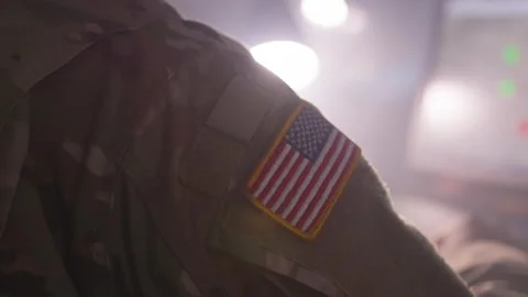 American Flag Patch on Soldiers Shoulder Stock Footage 208783264