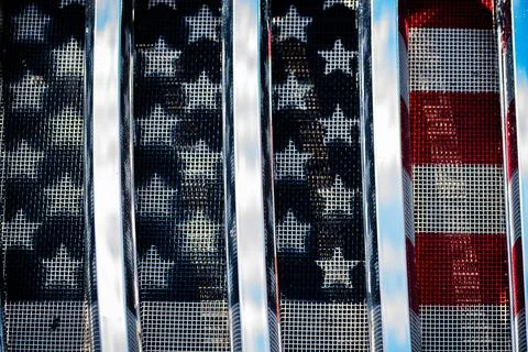 American flag pattern in grill of fire engine Stock Photos