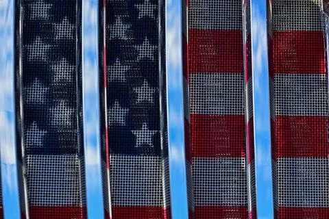 American flag pattern in grill of fire engine Stock Photos