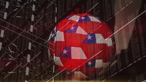 American flag pattern on soccer ball over financial data and graphs animation Stock Footage 305079815