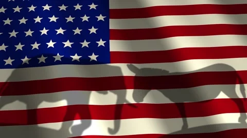 American flag  with shadows of donkey and elephant Stock Footage 135232106