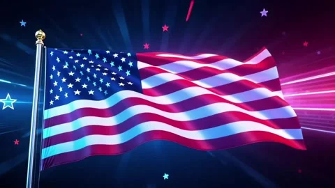 American flag is shown waving with digital effects including glowing particles Stock Footage 301580066