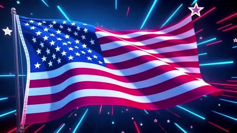 American flag is shown waving with digital effects including glowing particles Stock Footage 301580067