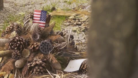 American Flag Sitting in Front of War Memorial - Dramatic Color Grade Stock Footage 325263090