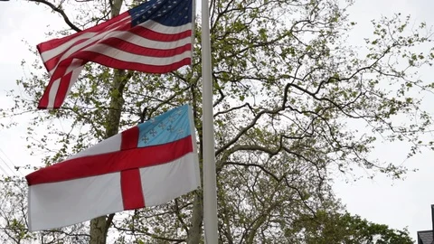 American flag slow motion in front of trees 스톡 동영상 108358875