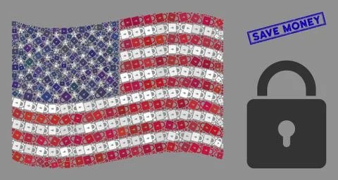American Flag Stylization of Lock and Textured Save Money Stamp 스톡 일러스트