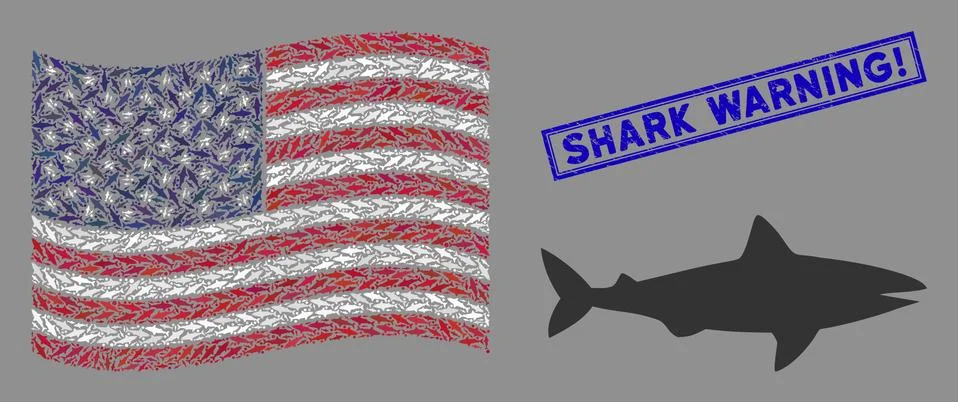 American Flag Stylized Composition of Shark and Scratched Shark Warning! Seal 库存插图