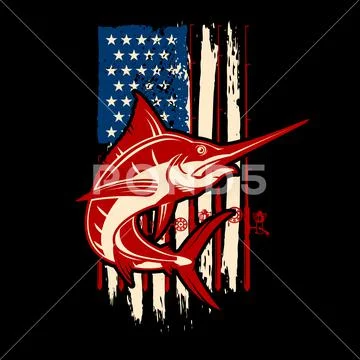 American flag with swordfish illustration. Design element for