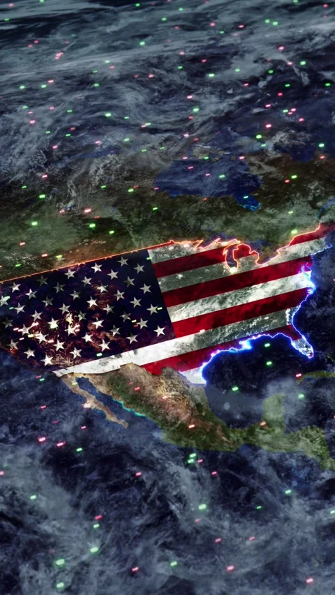 American Flag USA Map with Global Digital Network Background Stock Footage 342616993