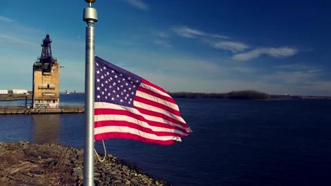 American Flag Waiving in the Wind, Delaware River, Philadelphia Video stock 147159765