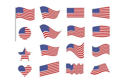 American flag wave perspective, circle and heart shape, vector set of USA Stock Illustration