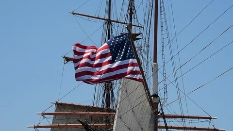 American Flag Waves from Barque Gaff Spar Stock Footage 125412954