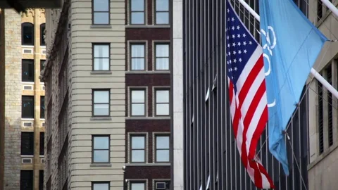 American Flag Waves NYC With Various Buildings Stock-Footage 77393400
