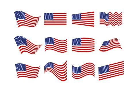 American flag waves perspective, vector set of national flags of the USA Stock Illustration