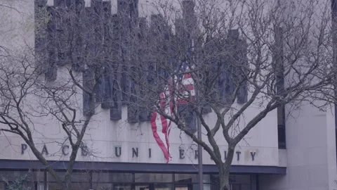 An American flag waves through barren trees in front of Pace University in N Stock Footage 241494974
