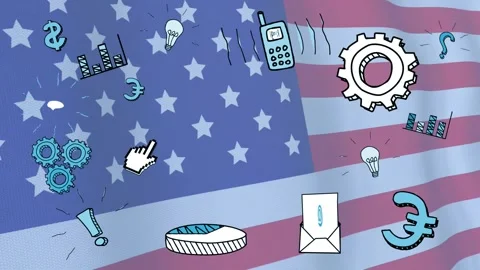American flag waving causing icons appearing, pulsing, mail opening, phone Vídeo Stock 333833338