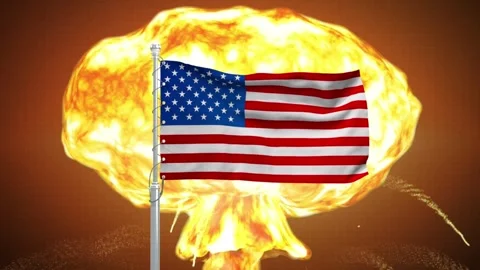 American flag waving in front of massive nuclear mushroom cloud explosion o.. Stock Footage 341868448