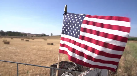 American Flag Waving in a Hay Field at 240fps Stock Footage