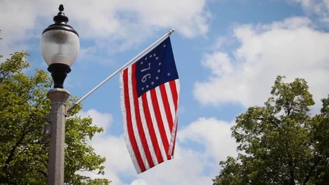 American Flag Waving On Lamp Post Stock Footage 100981047