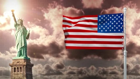 American flag waving next to Statue of Liberty under cloudy sky for nationa.. Vídeos de archivo 342075463