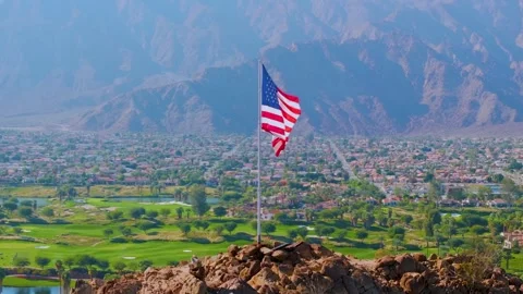 American Flag Waving Over La Quinta California United States Aerial Drone View Stock Footage 341284015