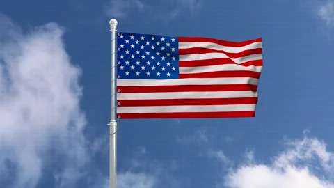 American flag waving in wind against blue sky with clouds in slow motion re.. Stock Footage 342075441
