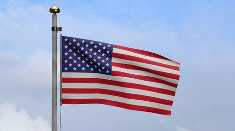 American flag waving in wind with blue sky cloud. USA banner blowing, soft si Stock Illustration
