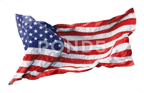 American flag waving in the wind isolated on white background. 3D ...