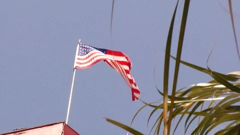 American flag waving in the wind on top of red lighthouse near palms Stock Footage 117249235