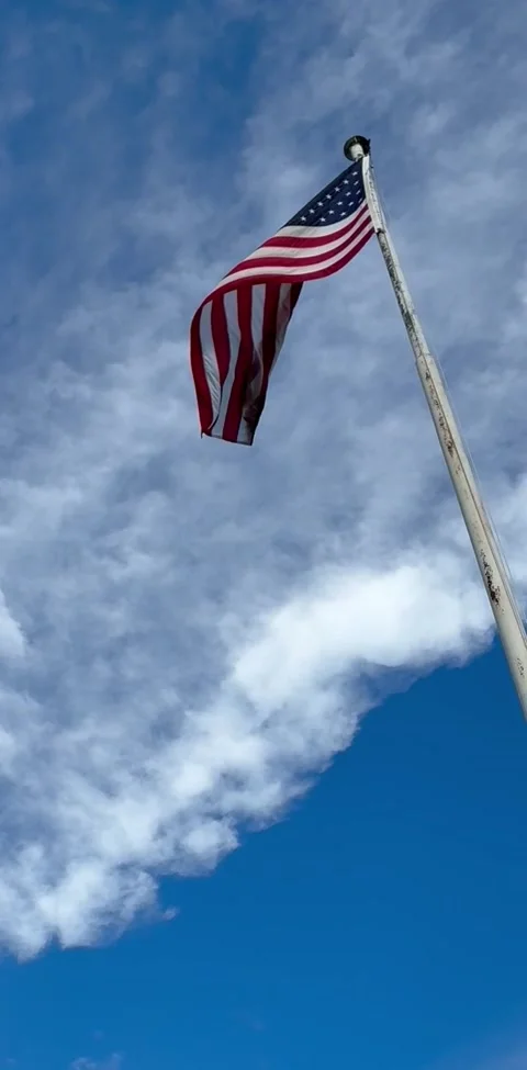 American Flag Waving in the Wind with Traffic in Background Stock Footage 335735893