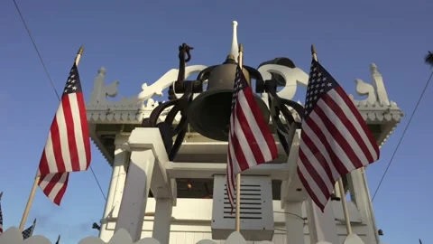 American flags bell background on old steamboat Video stock 155080069