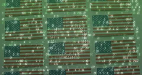 American flags with binary code animation overlay, moving in loop Stock Footage 304767477