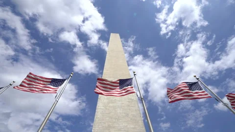 American flags blowing in wind, Washington Monument Stock Footage 141216018