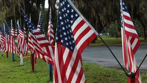 American flags displayed on Independence Day, the 4th. of July. 4K Stock Footage 111874268