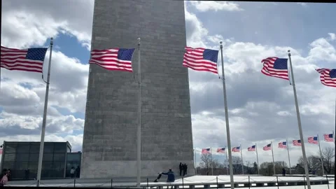 American Flags During Strong Winds at Base of Washington Monument Stock Footage 270194471