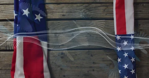American flags with flowing wave animation over rustic wooden background Stock Footage 306217651